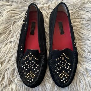 Carolina Herrera Black Suede Gold Studded Moccasin Flat Loafer Shoes Size 38